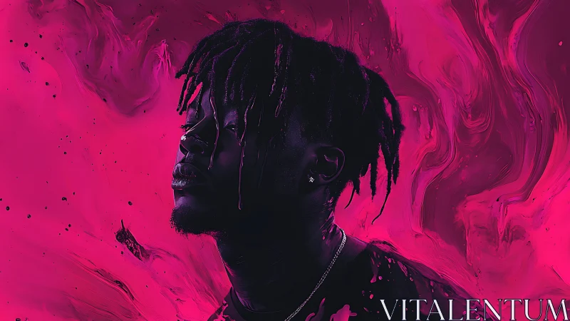 Dreamy neon portrait bathed in bold pink swirling light.