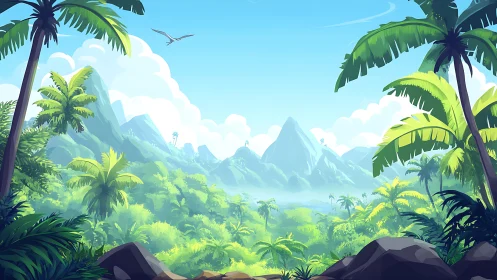 Tropical Paradise Valley With Distant Mountains Rendered in Vibrant Digital Illustration