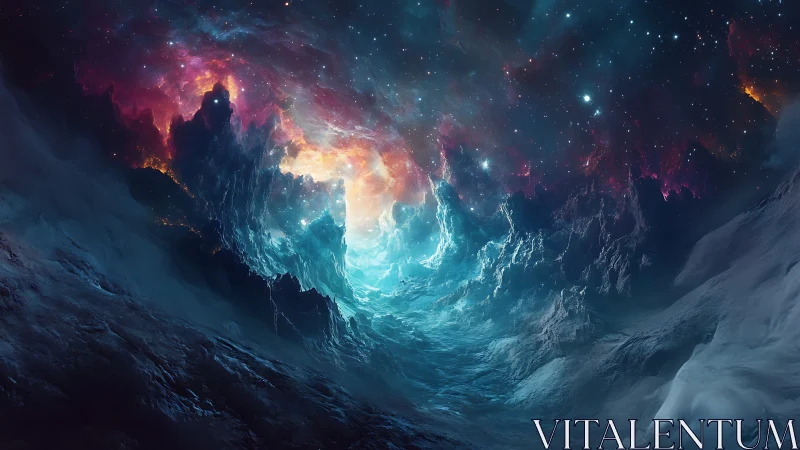 Luminescent cosmic chasm rendered as glacial nebula corridor