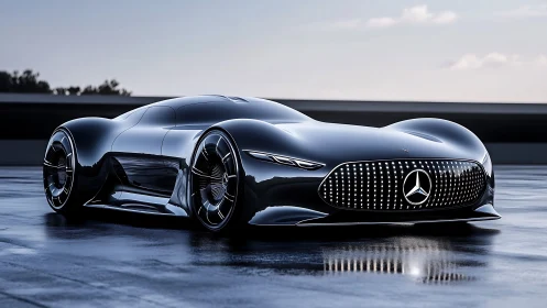 Futuristic Mercedes concept car on wet track at sunrise.