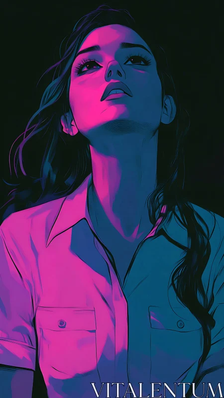 Neon lit portrait of woman in stylized digital profile.