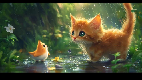 Golden kitten discovers songbird in rain-soaked garden meadow.