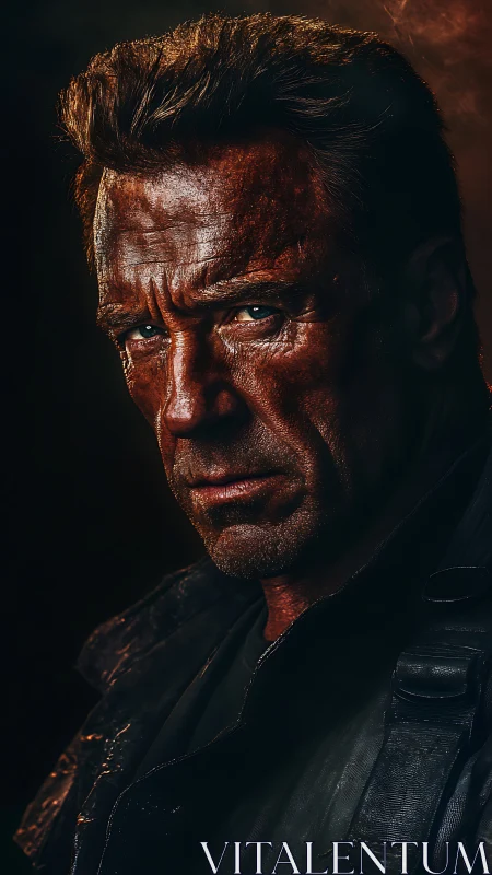 Photorealistic rugged warrior portrait in dramatic chiaroscuro.