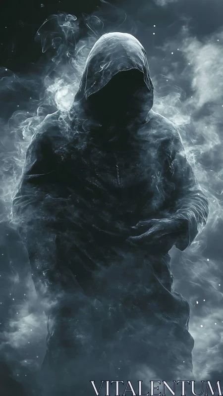 Hooded human silhouette enveloped in dense swirling smoke.