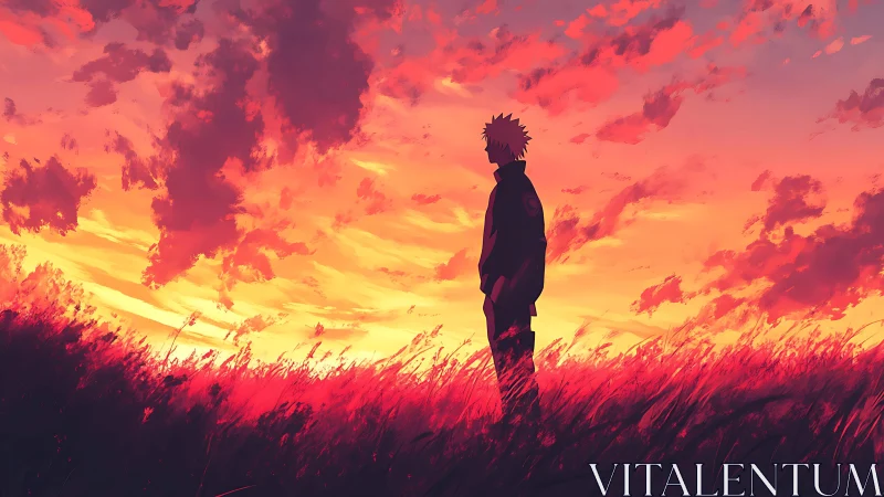Lone anime figure contemplates a blazing red sunset sky.