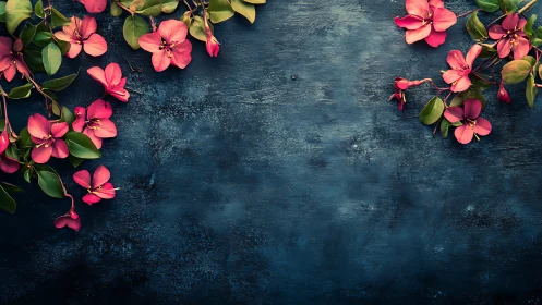 Pink Flowers on Textured Blue Surface.