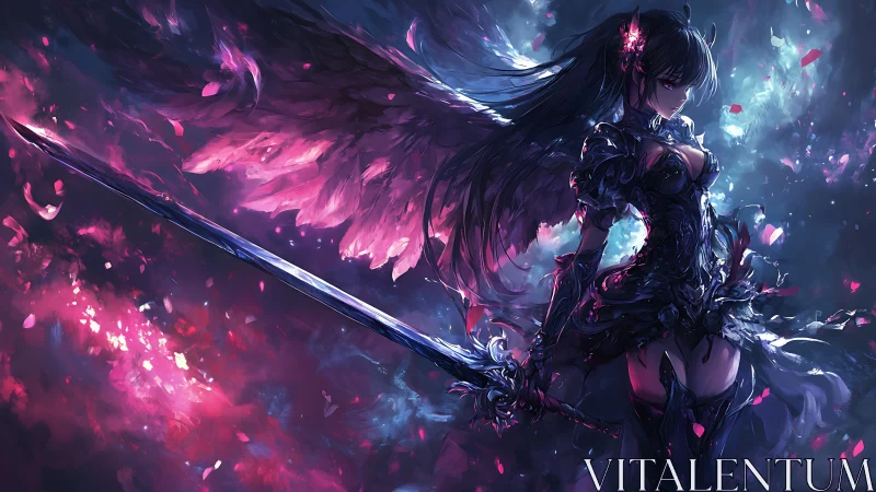 Midnight winged warrior poised between starlight and flame.