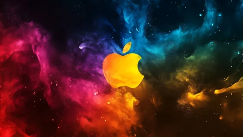 Glowing golden apple drifting through a colorful cosmic mist.