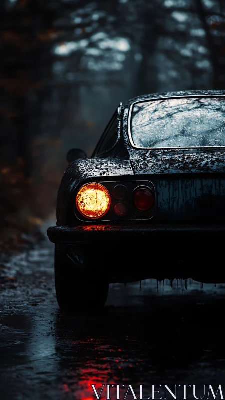 Rain-soaked classic car waiting on a quiet forest road.