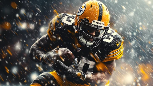 American football player running with ball in snowy game.