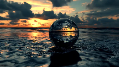 Glass sphere mirrors dramatic seascape at fiery sunset.