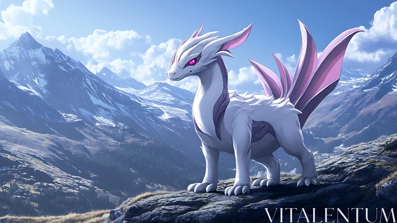 Gentle white dragon guardian gazing over peaceful mountains.