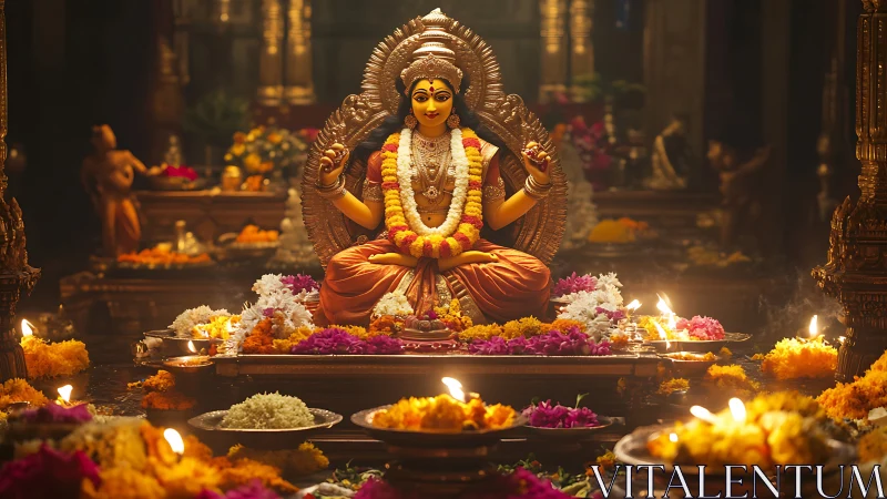 Hindu goddess statue with garlands and oil lamps in shrine.