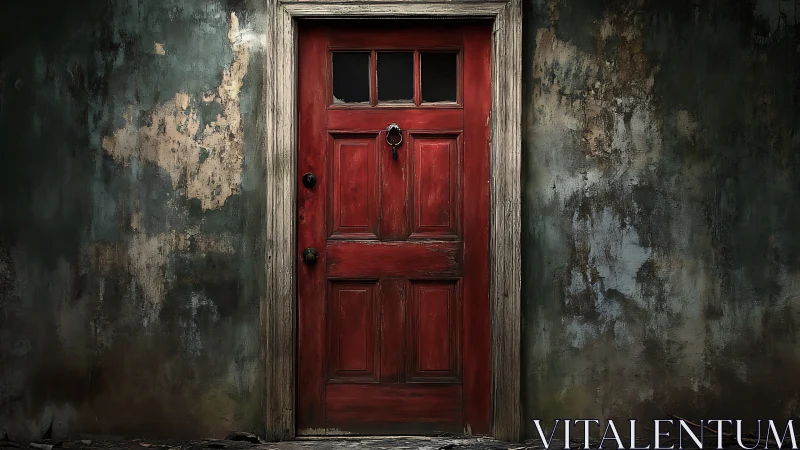 Weathered red wooden door in worn, textured wall.
