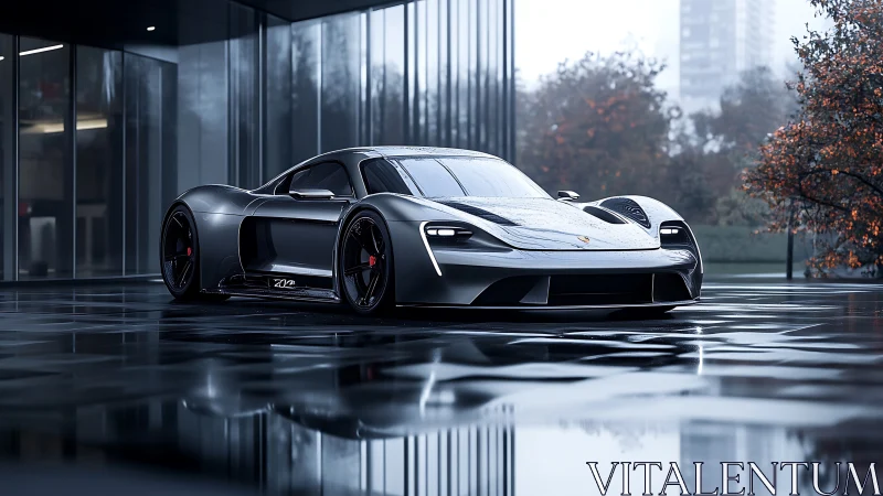 Low black sports car parked on reflective wet pavement outside