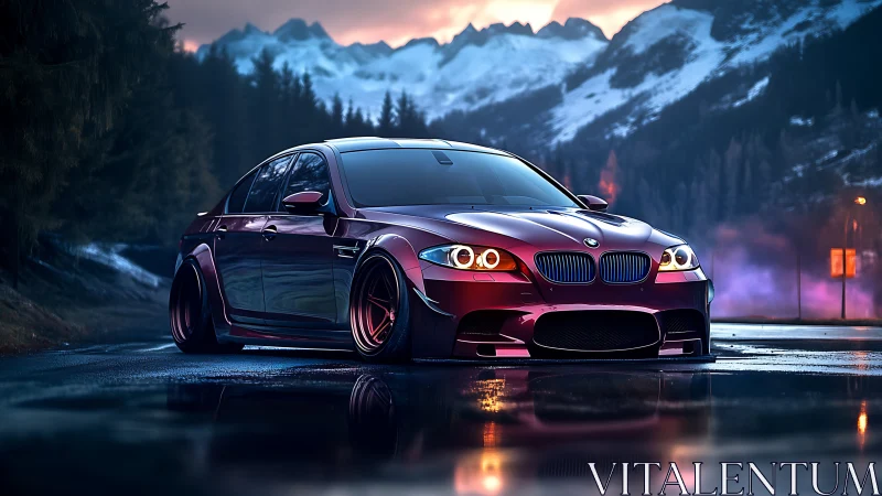 Modified red sedan on wet mountain road at dusk.