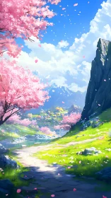 Cherry blossom valley path under bright spring sky.