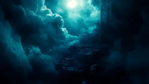 Stairway ascending through moonlit teal storm clouds.