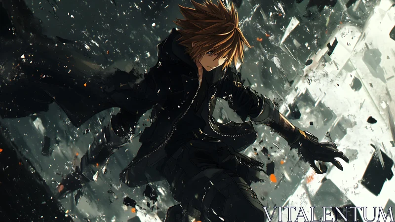 Dark clad anime fighter amid shattered debris field.