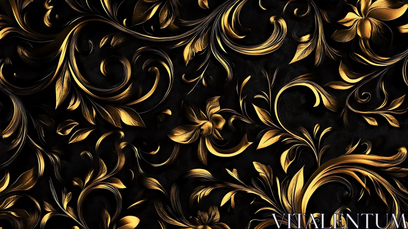 Gold ornamental foliage forms continuous pattern on black ground