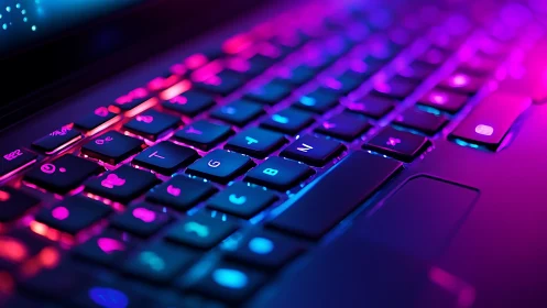 RGB backlit laptop keyboard in sharp colorful closeup.