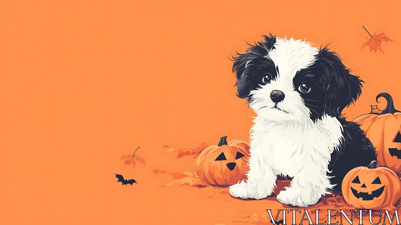 Black and white puppy beside carved pumpkins on orange field.