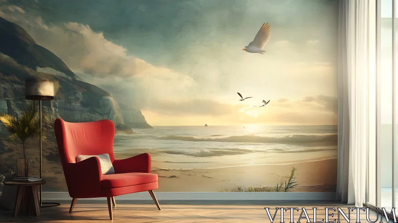 Sunrise shoreline mural embracing a bold crimson lounge chair.