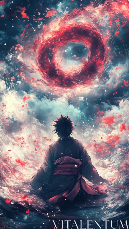 Lone warrior confronts a flaming celestial ring in stormy sky