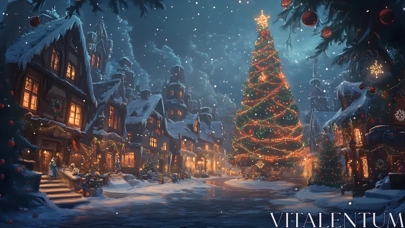 Snow-covered village square centers illuminated conical Christmas tree