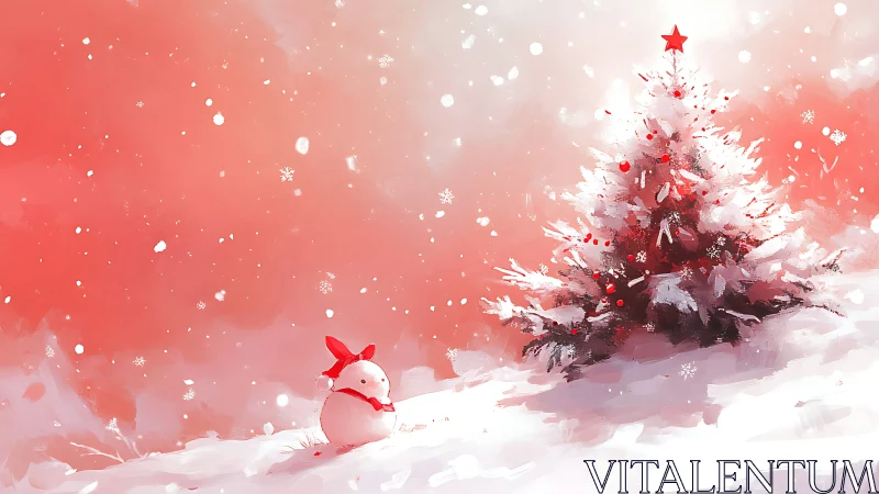 Chromatic winter tableau with stylized snowman and tree.