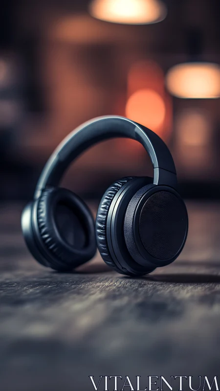 Midnight headphones resting where city lights blur softly.