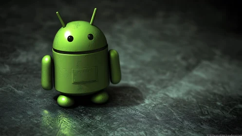 Green robot mascot model on textured dark surface.