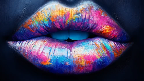 Chromatic macro study of textured neon-coated lips in darkness.