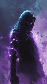 Hooded shadow figure glows with intense purple energy