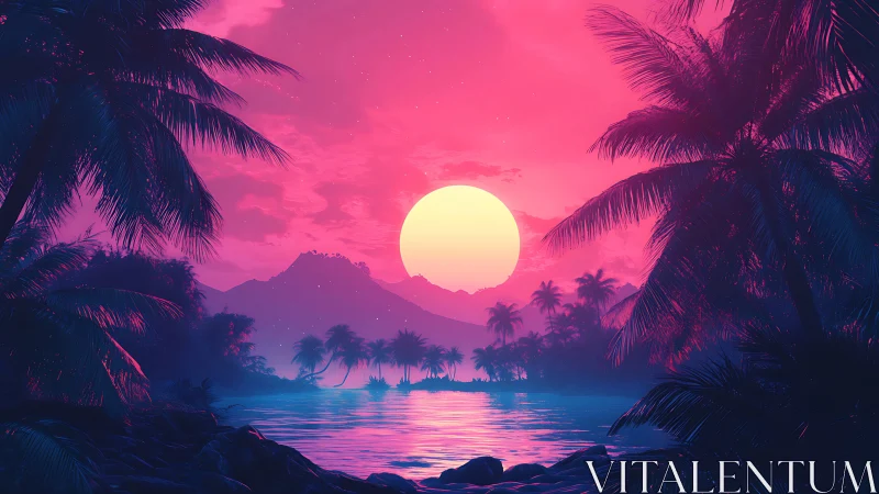 Neon tropical sunset over calm palm-lined lagoon scene.