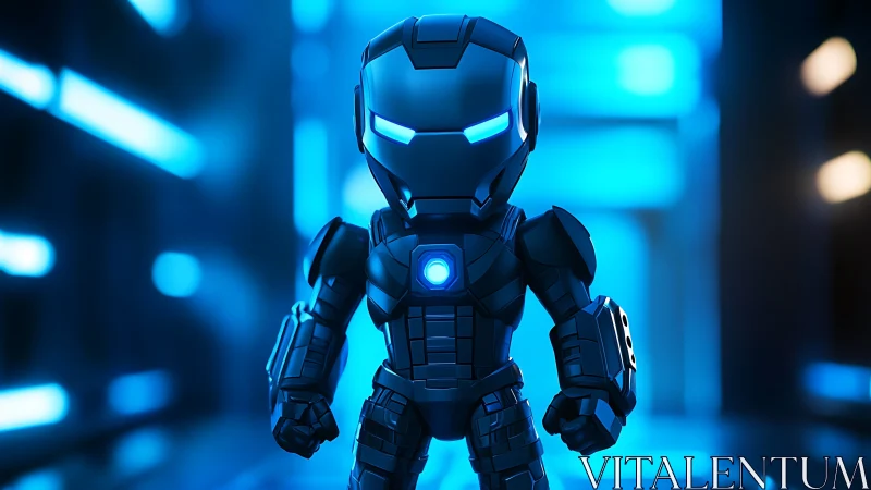 Tiny armored sentinel glows boldly in a neon-blue corridor