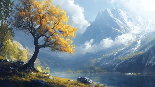 Solitary deciduous tree stands beside alpine lake and range