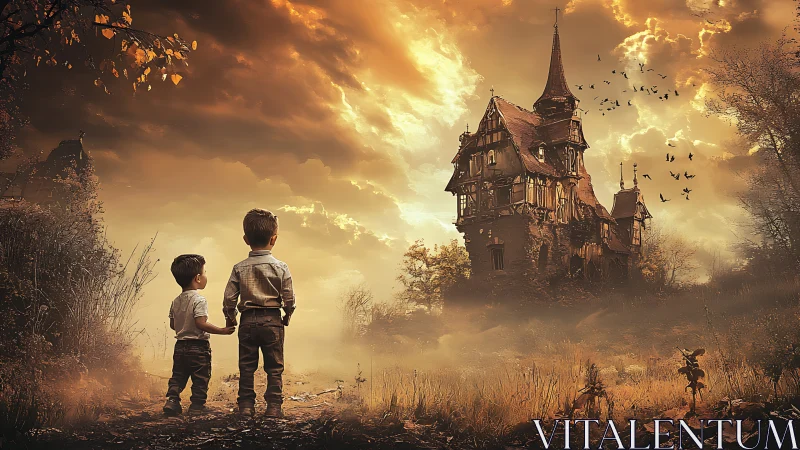 Two Young Explorers Venture Toward Enchanted Castle. Dawn.