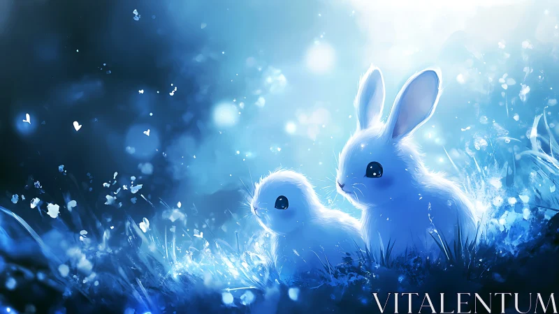 Luminous moonlit rabbits in enchanted blue meadow glow.