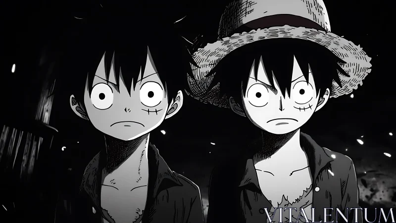 Anime twins share intense gaze in stark monochrome scene.