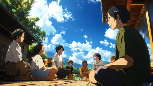 Summer gathering of friends on a sunny wooden porch.