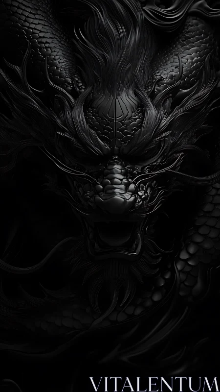 Monochrome dragon head rendered in detailed black relief.