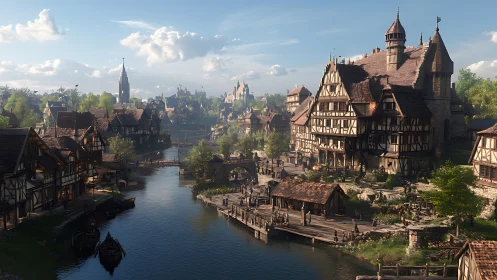 Medieval riverside town is rendered with detailed timber structures