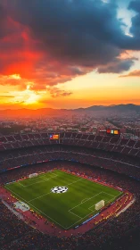 Sunset over a glowing football stadium ready for kickoff.