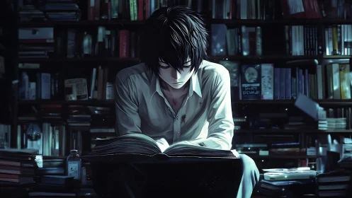 Midnight introvert decoding secrets in a haunted library.