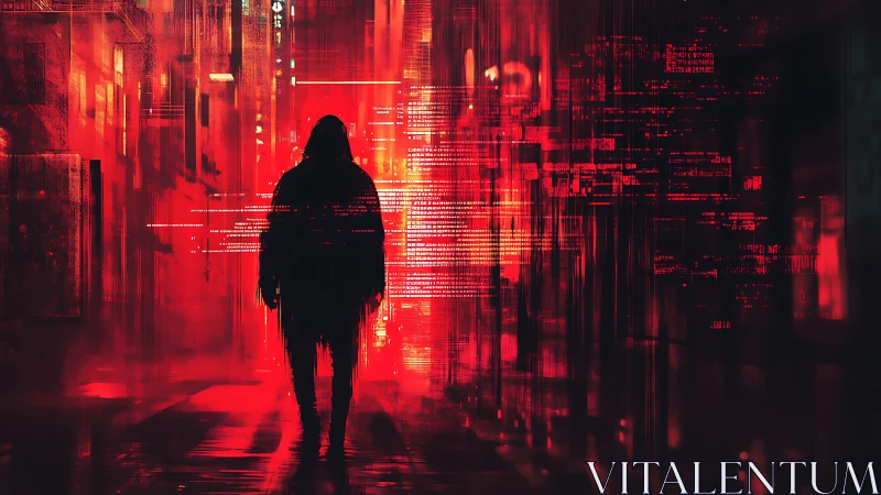 Silhouetted figure in red digital urban corridor at night.