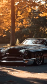 Black classic car parked under trees in warm daylight.
