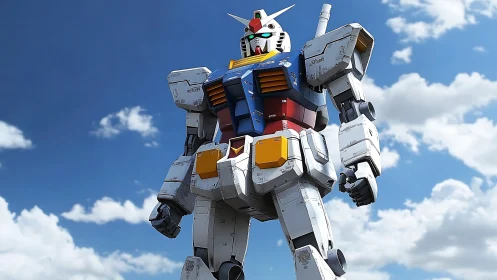 3D mecha hero under expansive sky in low-angle perspective.