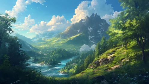 Sunlit alpine river valley under stratified cloud canopies.