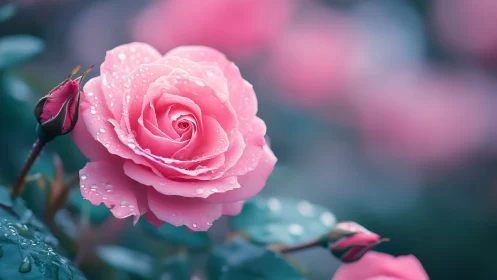 Soft-focus Pink Rose with Dewdrops: Botanical Macro Composition.